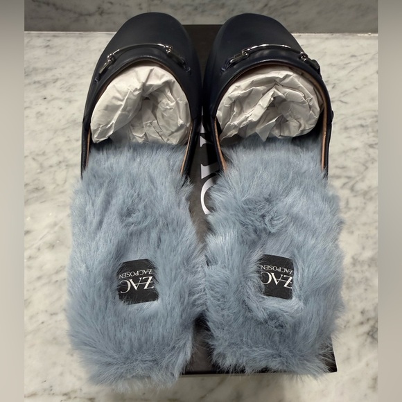 ZAC Zac Posen Navy Leather Savanna Faux Shearling Lined Mules main image 4